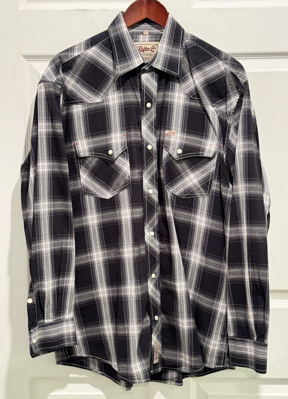 Rafter C Western Shirt Large Black White Plaid Pearl Snap ProFlex45 Performance